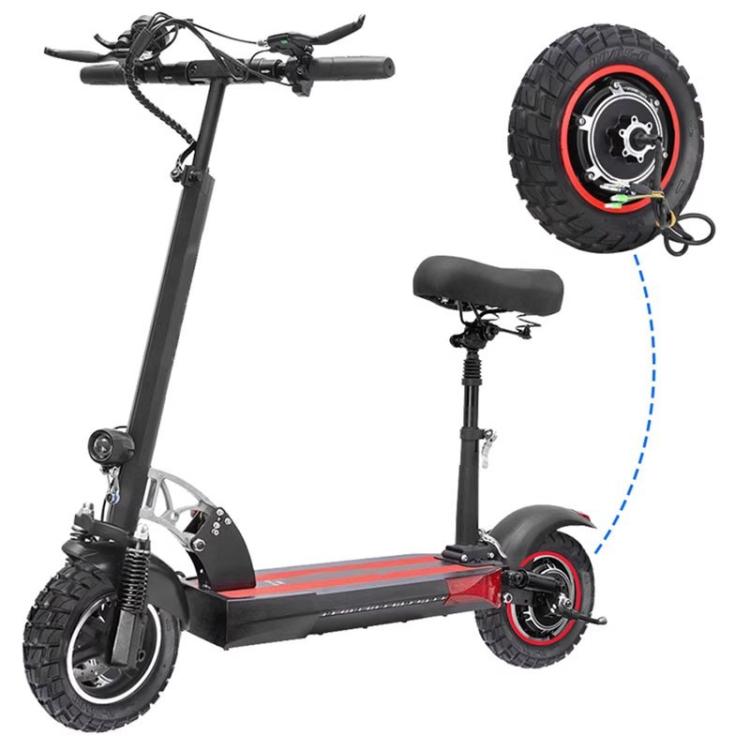 Electric scooter with rear motor wheel, black off-road tire and red rim ring