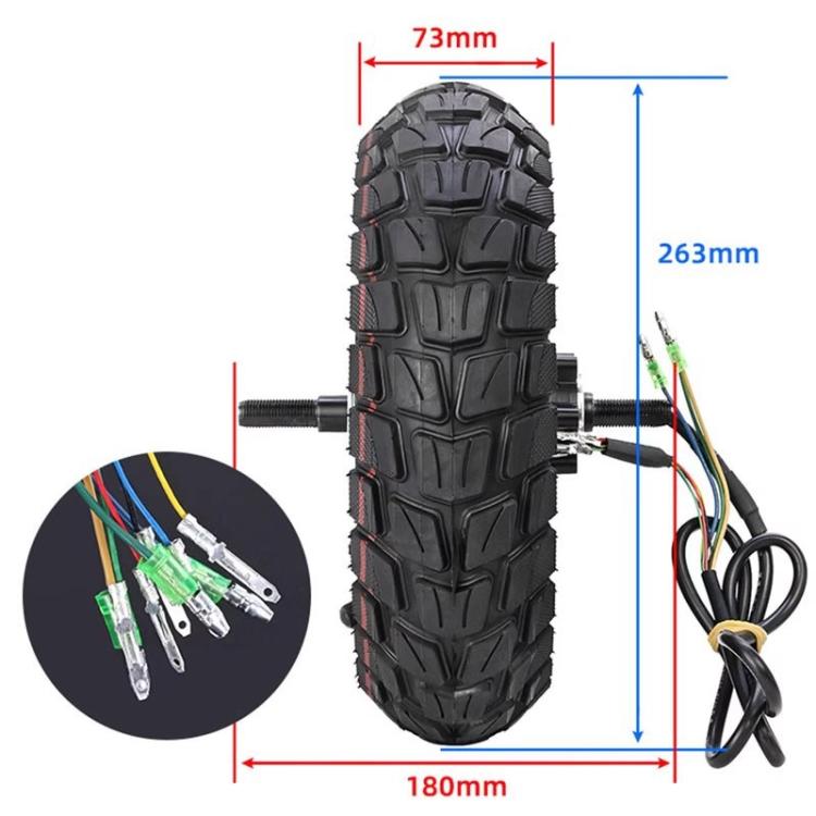Off-road scooter tire with hub and size measurements, black tread with red rim ring