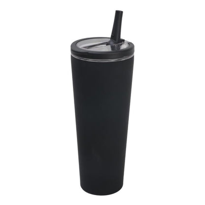 Black vacuum insulated cup with sealed lid and straw for drinking