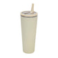 Beige vacuum insulated cup with sealed lid and straw for drinking