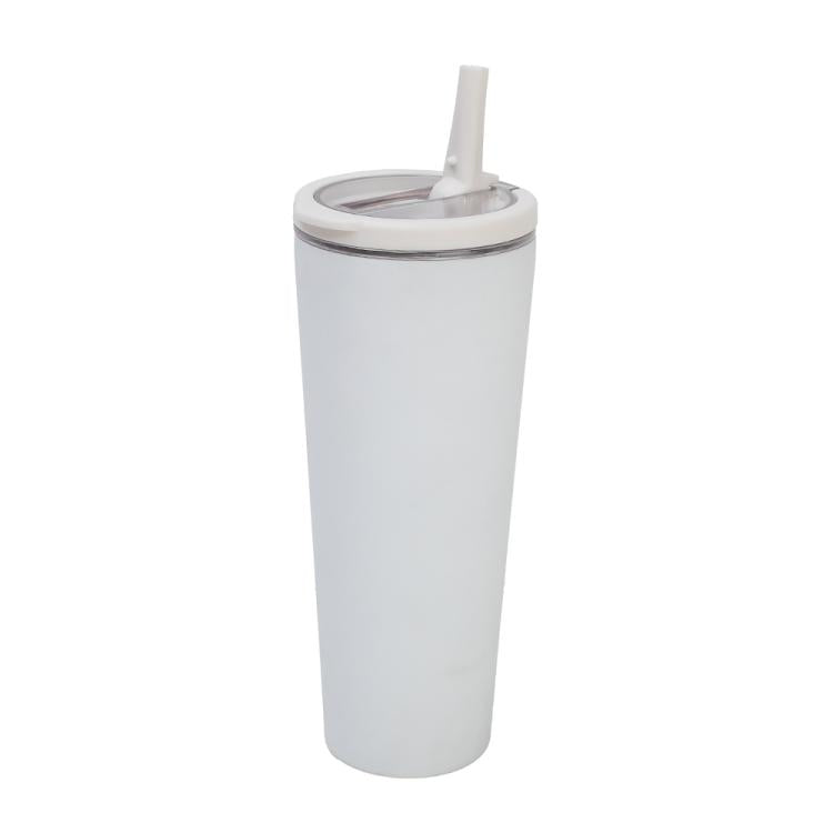 White vacuum insulated cup with sealed lid and straw for drinking