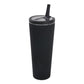 Black vacuum insulated cup with sealed lid and clear straw