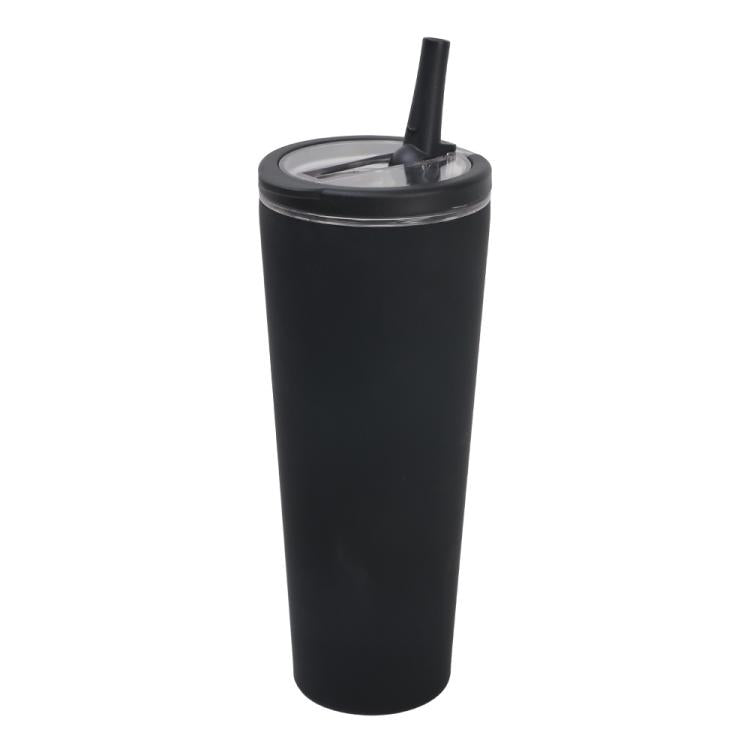 Black vacuum insulated cup with sealed lid and clear straw