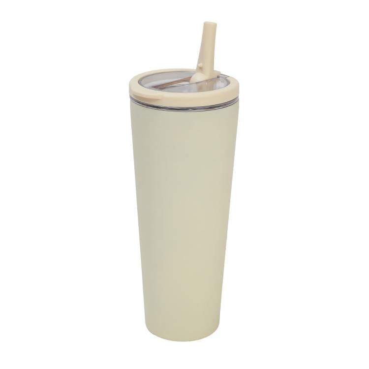 Beige vacuum insulated cup with sealed lid and light straw