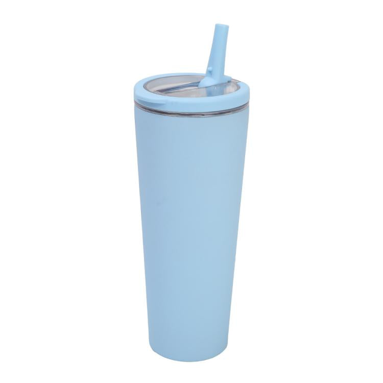 Sky blue vacuum insulated cup with sealed lid and blue straw
