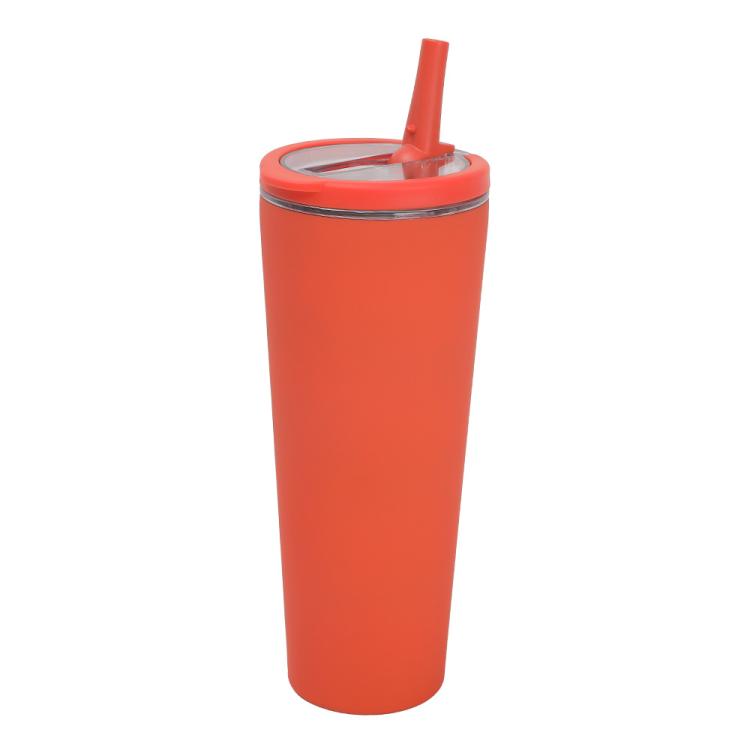 Orange vacuum insulated cup with sealed lid and red straw