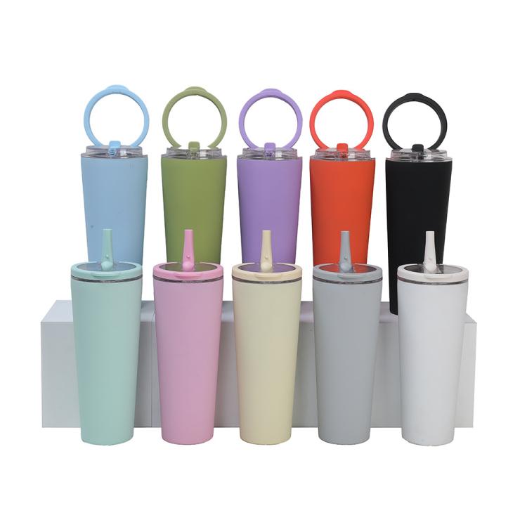 Vacuum insulated sports cups with carry handle and straw lid, assorted colors