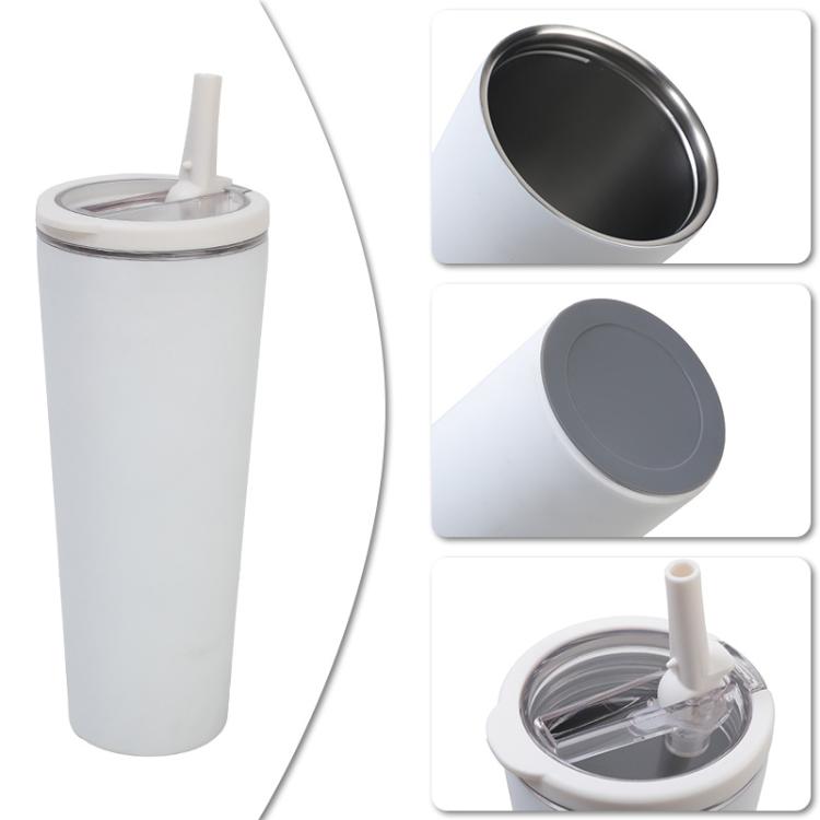 White vacuum insulated cup with sealed lid, clear straw, visible dark interior