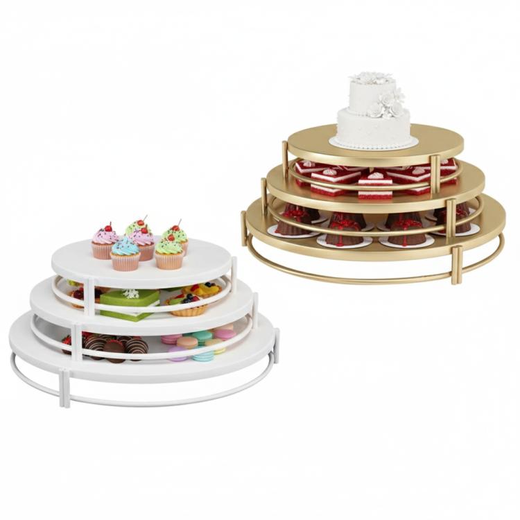 White and gold 3-tier cake stand set holding assorted desserts