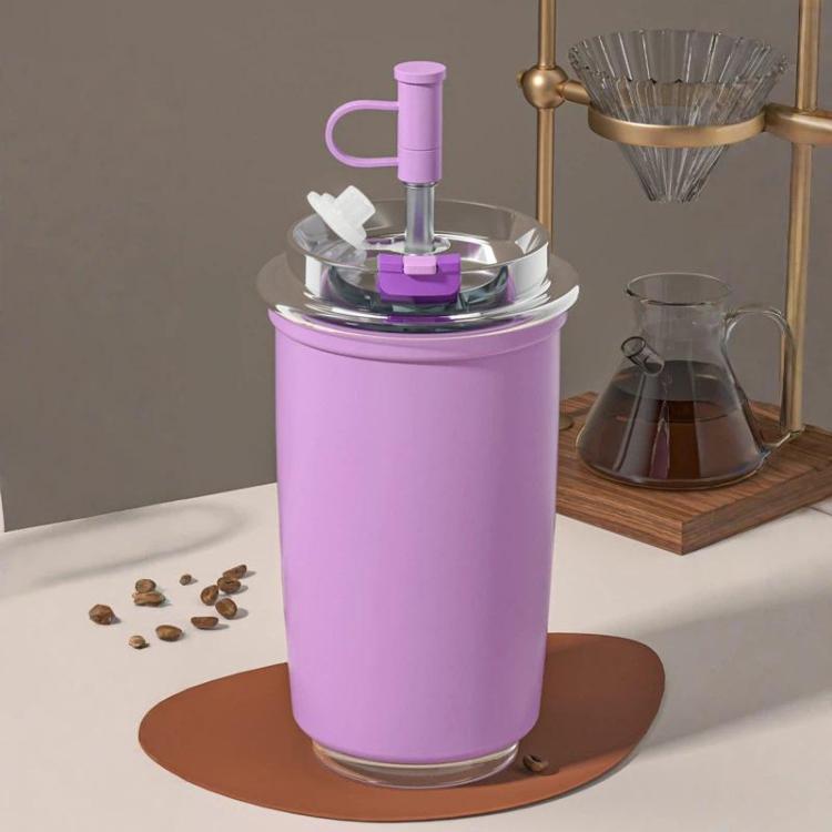 Purple vacuum-insulated 300 ml coffee cup with flip straw and carry handle