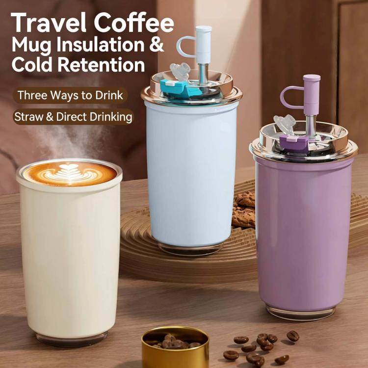 Vacuum-insulated 300 ml coffee cup with flip straw, shown in white with other colors