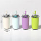 Set of insulated stainless straw coffee cups in white, blue, purple, and lime green