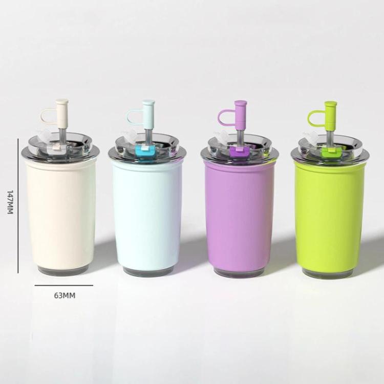 Set of insulated stainless straw coffee cups in white, blue, purple, and lime green
