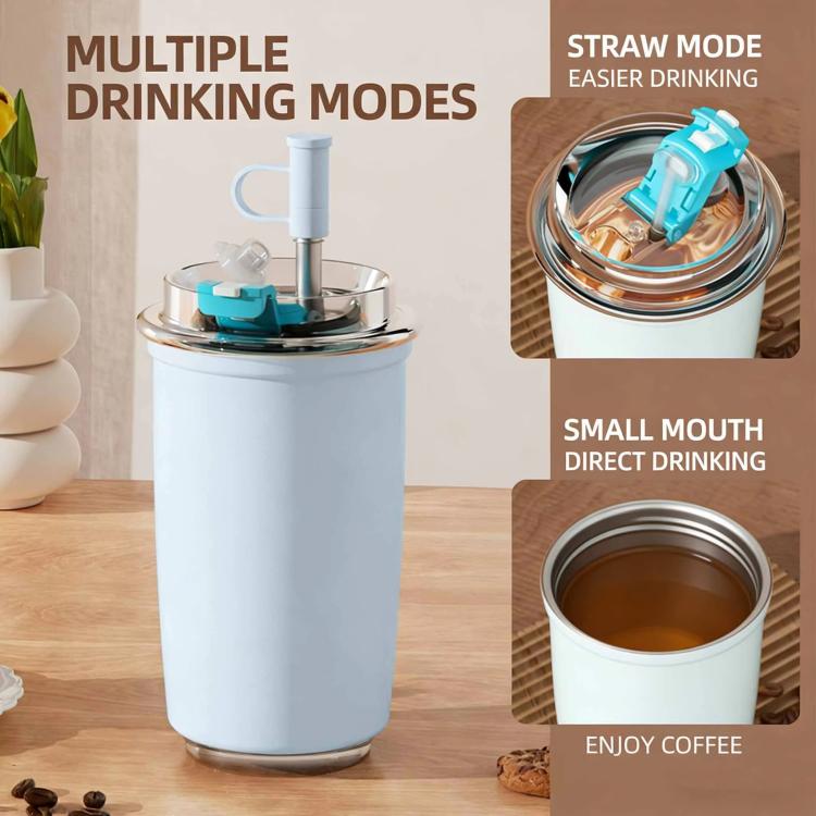 White vacuum-insulated 300 ml coffee cup with flip straw lid, on wooden surface