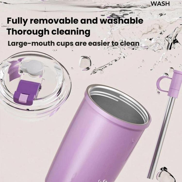 Purple double-wall insulated coffee cup with wide mouth opening and metal straw