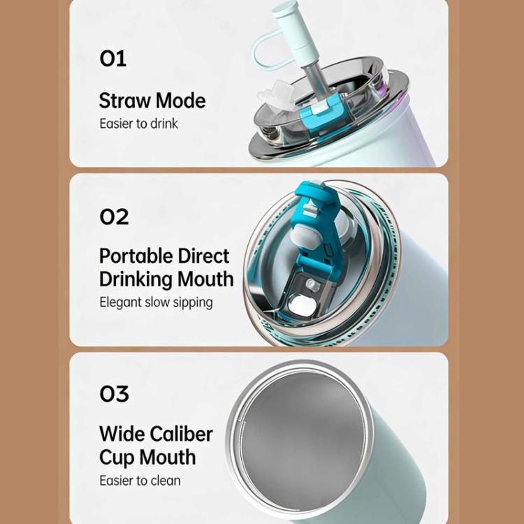 Light blue insulated coffee cup with straw lid showing drinking modes