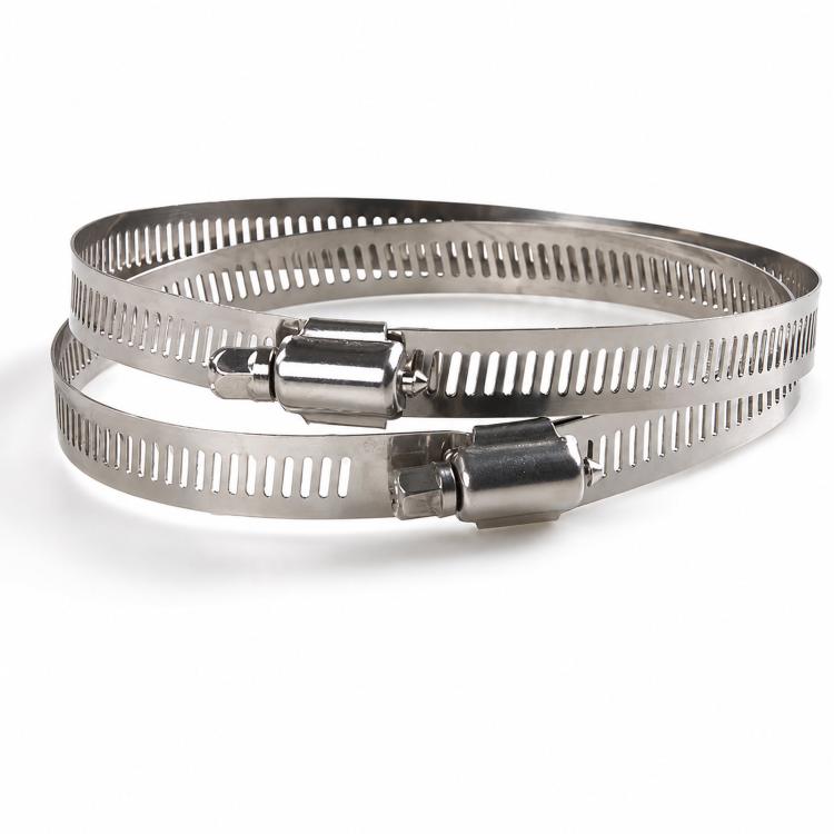 Stainless steel strap hose clamp with perforated band and screw housing, close-up