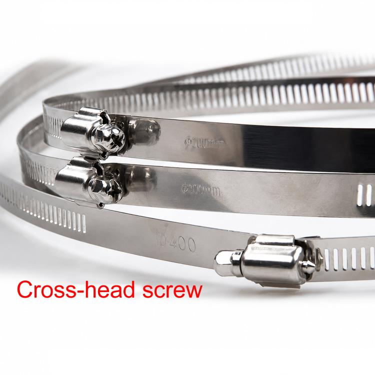 Stainless steel hose clamp band with cross-head tightening screw, close-up detail