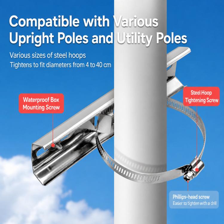 Stainless steel strap clamp around pole for waterproof box mounting, screw visible
