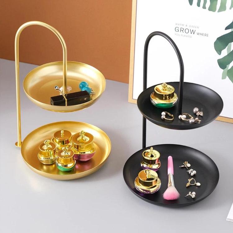 Set of gold and black two-tier wrought iron serving trays with arched handles