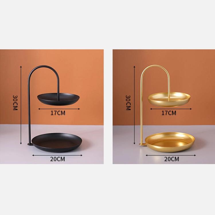 Two-tier wrought iron serving tray shown in black and gold with arched handles