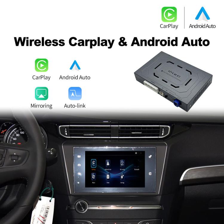 Wireless CarPlay module over car dashboard with infotainment screen showing apps