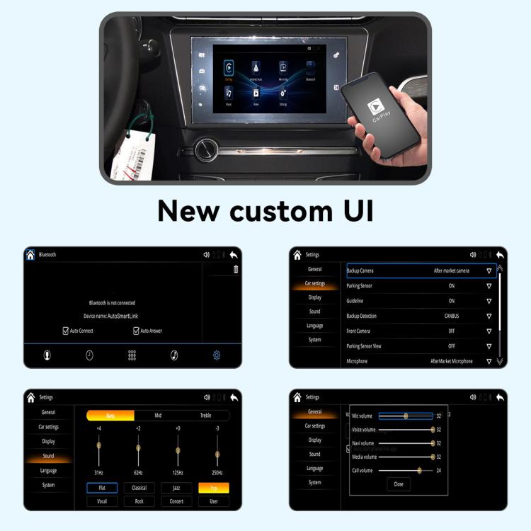 Car multimedia settings UI with wireless CarPlay module and smartphone controller