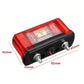 Waterproof LED license plate light with red housing, clear lens, and two mounting screws
