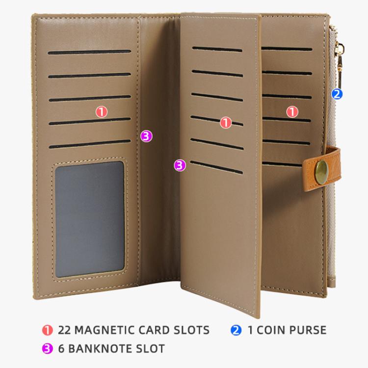 Beige long wallet open to card slots and coin pocket, with snap-strap closure