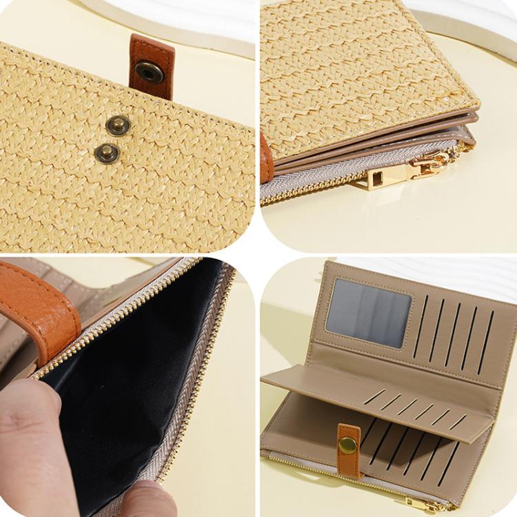 Beige straw-weave wallet close-up with side zipper and interior card compartments