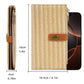 Beige straw-weave long wallet front and side view with zipper and brown snap tab