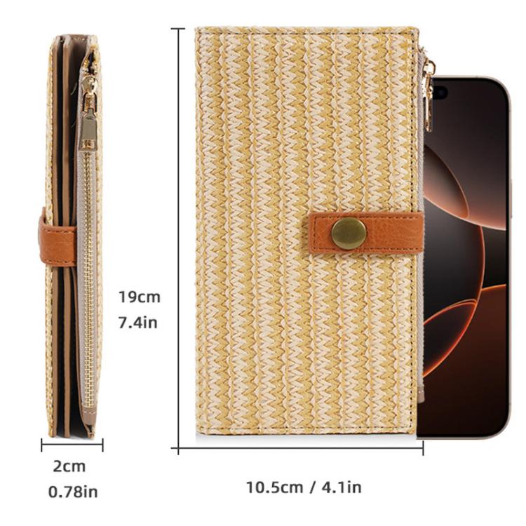 Beige straw-weave long wallet front and side view with zipper and brown snap tab