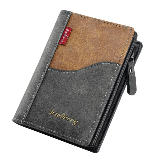 Men’s compact wallet in vintage tan and dark gray leather, zipper closure