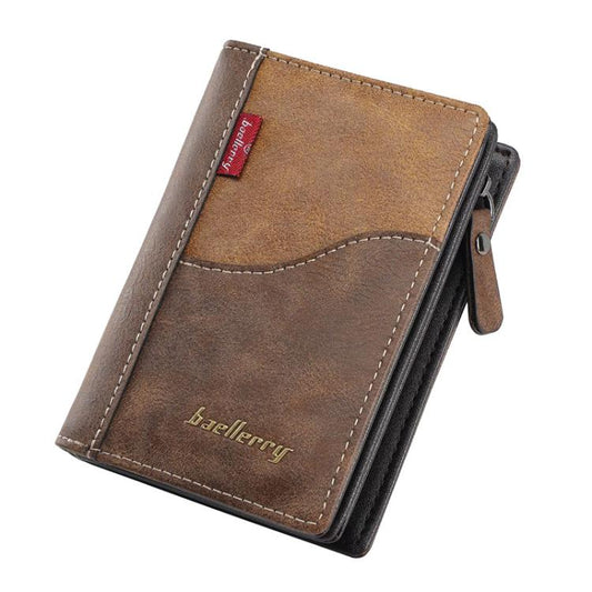 Men’s compact wallet in vintage brown leather with contrast zipper and stitching