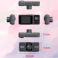Dashcam kit layout with main screen unit and camera modules, size diagram