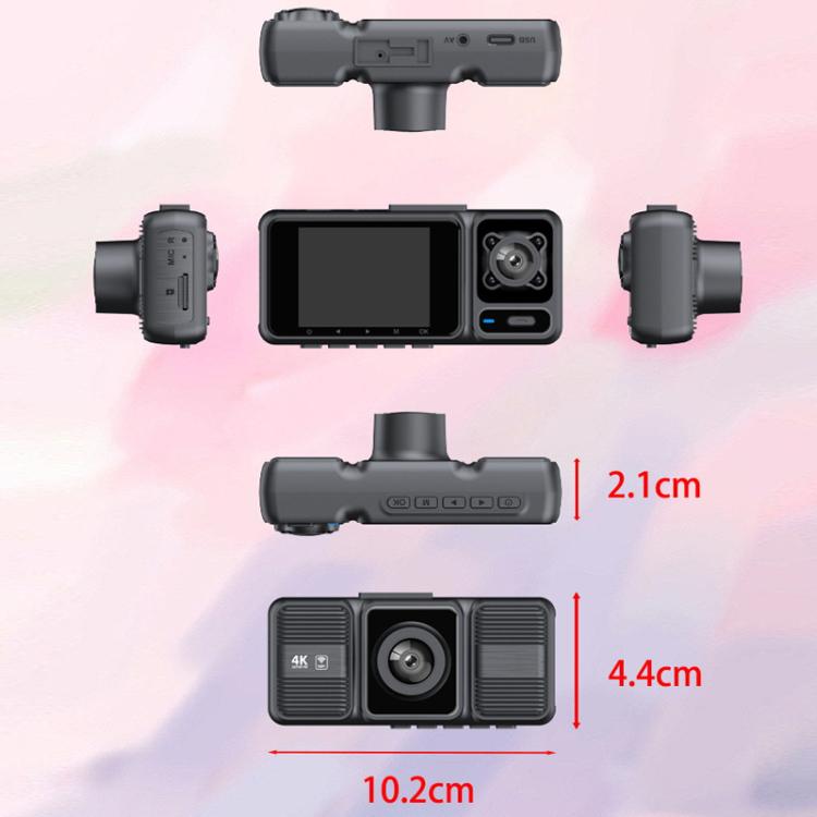 Dashcam kit layout with main screen unit and camera modules, size diagram