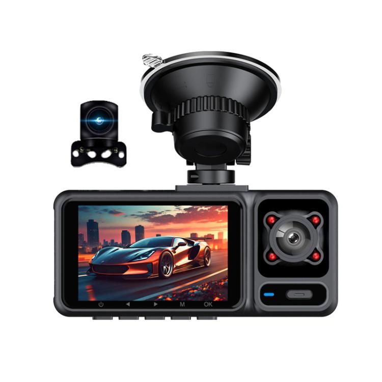Dashcam with 2-inch screen and mounted front camera module, interior lens housing