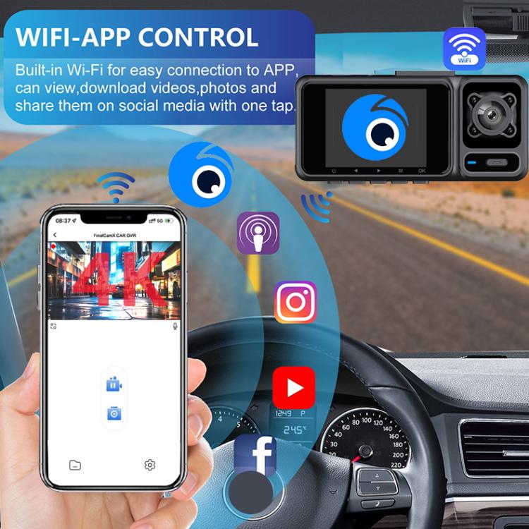 Wi‑Fi dashcam app control shown on smartphone with camera unit in car
