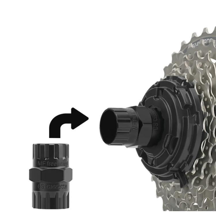 Bike freewheel removal socket tool for cassette and threaded freewheels, black.