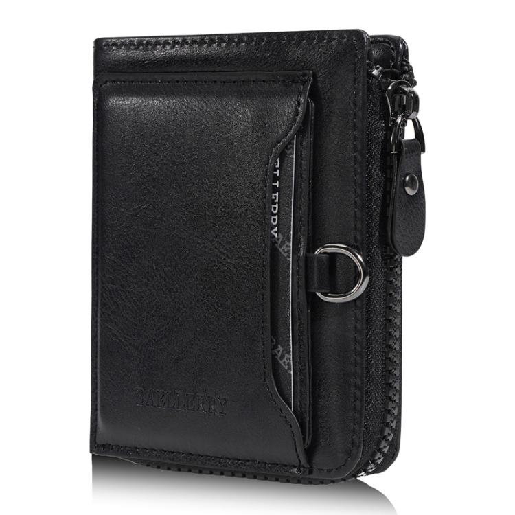 Men's black compact leather wallet with front card pocket, zipper, and metal key ring