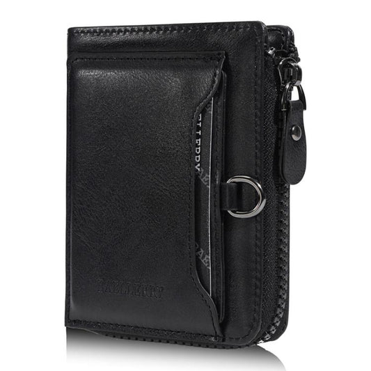 Men's black compact leather wallet with front card pocket, zipper, and metal key ring