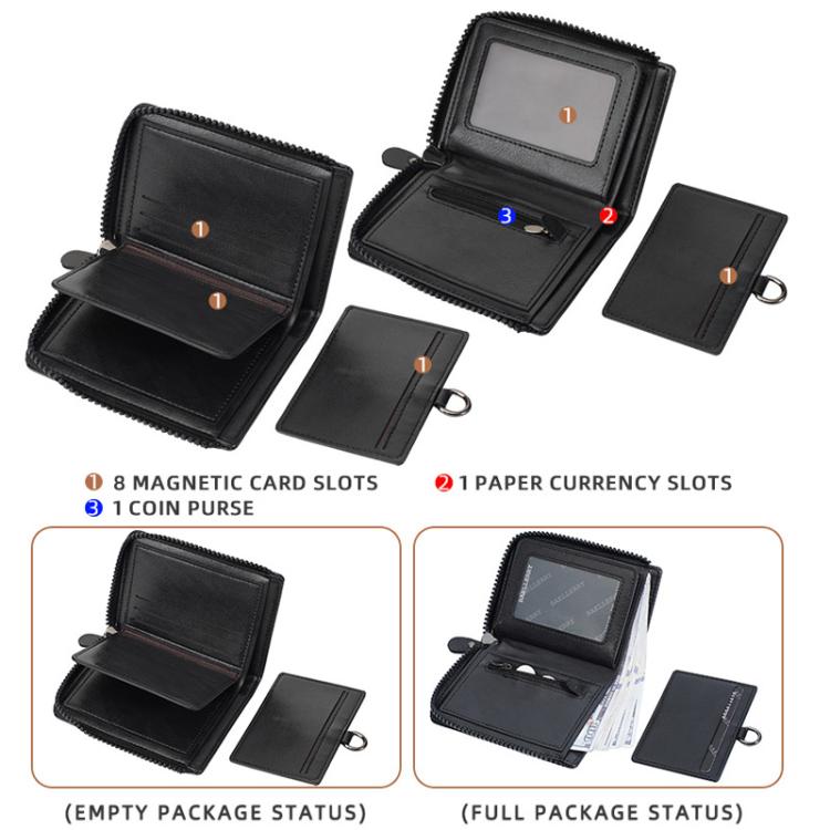 Black leather compact wallet with card slots, inner ID window, and zipper