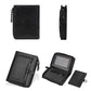 Black compact leather wallet with zipper, key ring, and inner card slot pocket