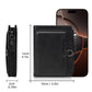 Black compact leather wallet with zipper and metal key ring, shown with size guide