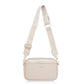 Light beige square zippered crossbody pouch with adjustable web strap and gold-tone hardware.