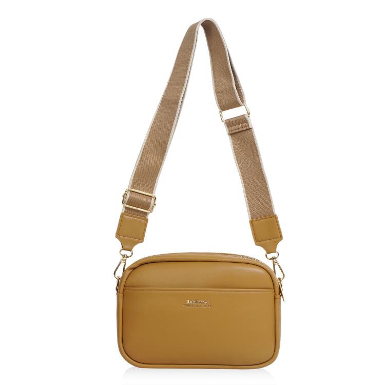 Tan square zippered crossbody pouch with adjustable strap and gold-tone hardware.