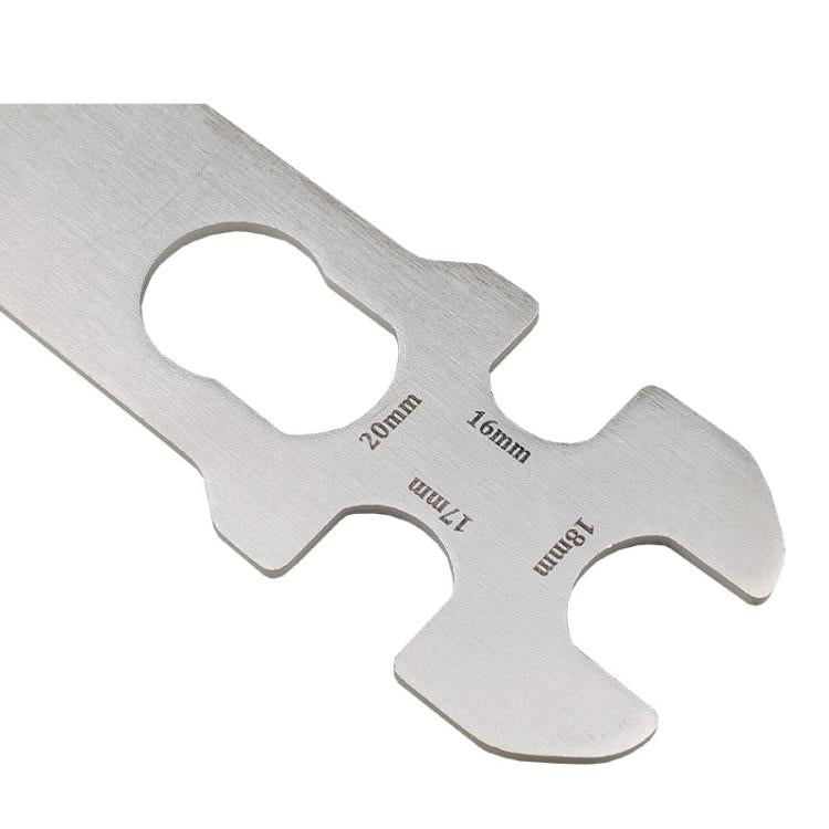 Close-up hub wrench showing size markings 20mm and 16mm on cutouts