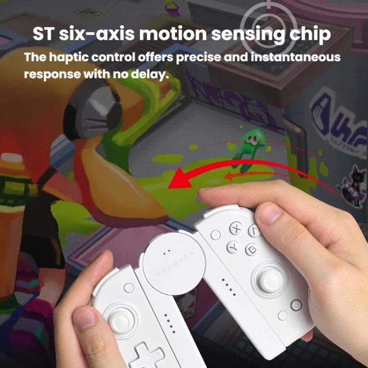 White split Nintendo Switch controllers in hand, showing ABXY buttons and analog sticks