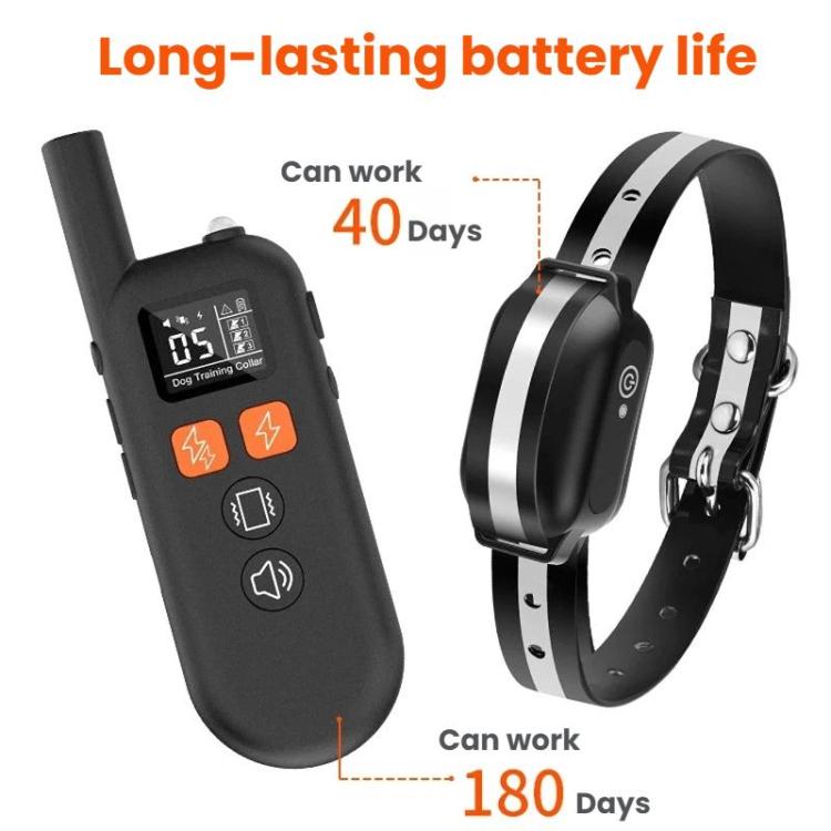 Black dog training collar with silver strap and handheld remote, orange control icons