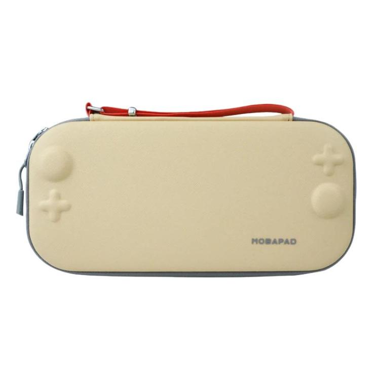 Beige storage case with red strap, textured shell and zipper closure